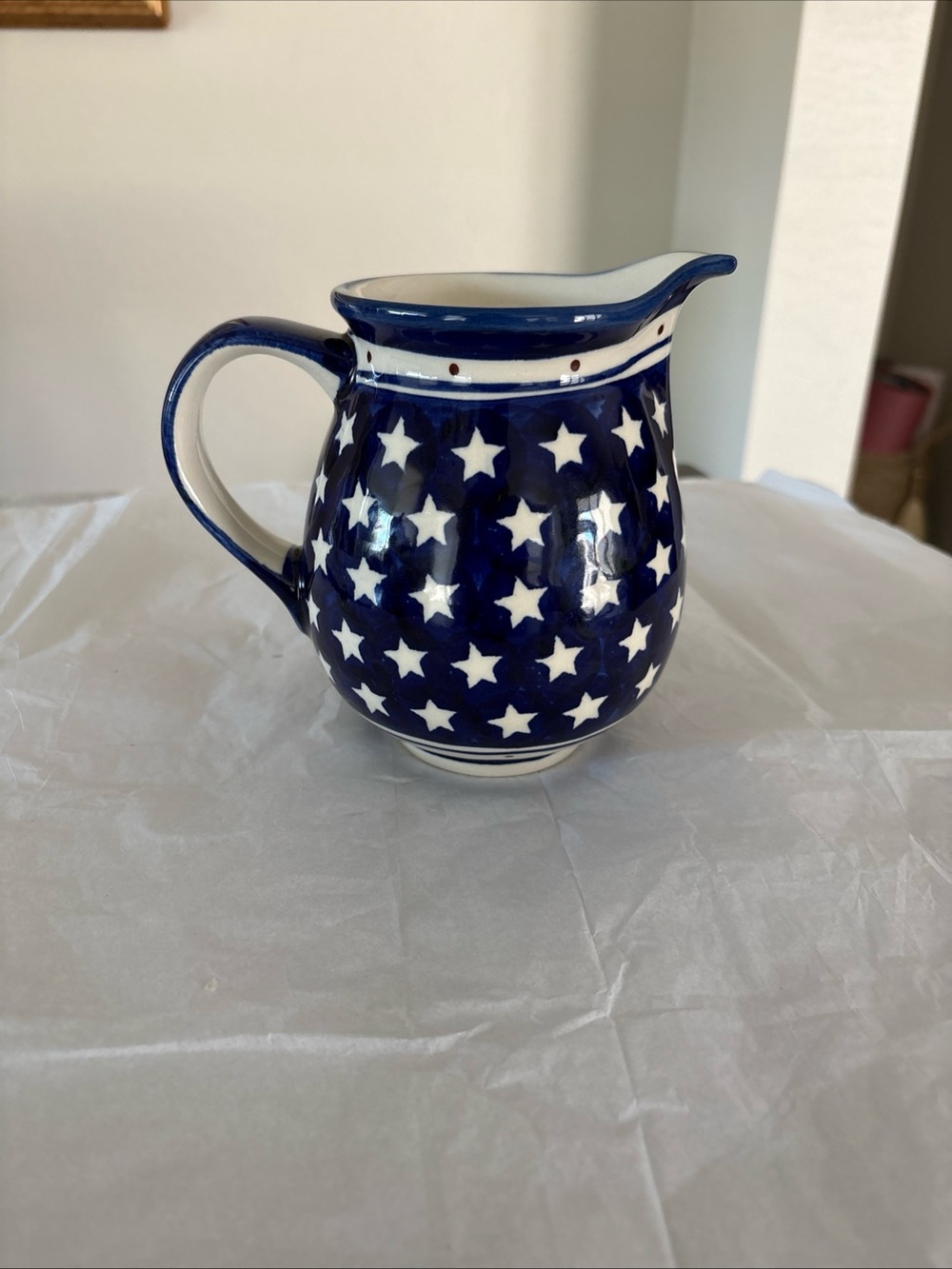 Polish Pottery Mano Creamer Stars & Stripes Small Pitcher Handcrafted Poland